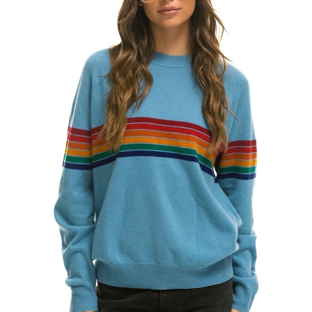 Aviator Nation Cashmere Rainbow Stripe Sweater Ocean Blue NWT Unisex